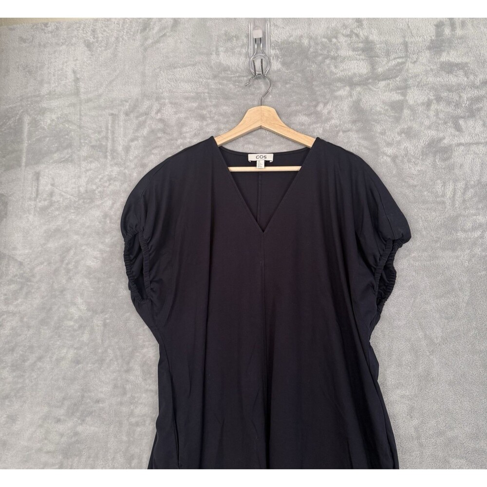 COS Oversized Ruched-Sleeve V-Neck Midi Dress - Navy Blue Women's Size Medium